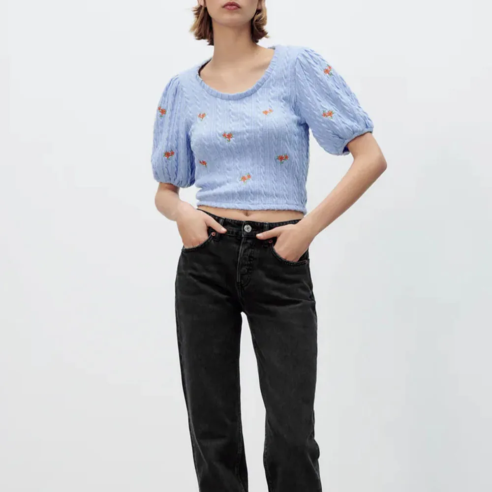 

Женский короткий пуловер с вышивкой Za, Повседневная Блузка с коротким рукавом и круглым вырезом, украшенная вышивкой, 2022