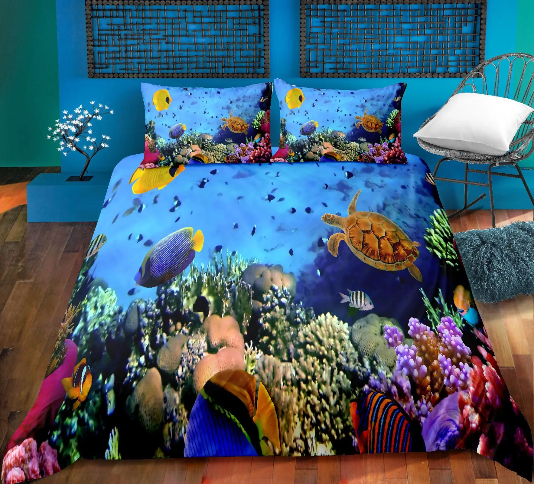 

Sea Turtle Comforter Set Shark Bedding Set Ocean Animals Fishes Down Comforter Tortoise Coral Comforters for Teens Boys Girls