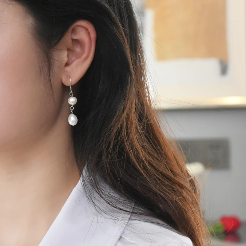 

ASHIQI Natural Freshwater Baroque Pearl Double Earrings 925 Sterling Silver Handmade Wedding Jewelry Gift for Women Korean