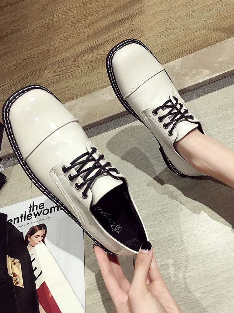 Женская кожаная обувь новинка 2019 Осенняя Квадратные Туфли на шнуровке в стиле