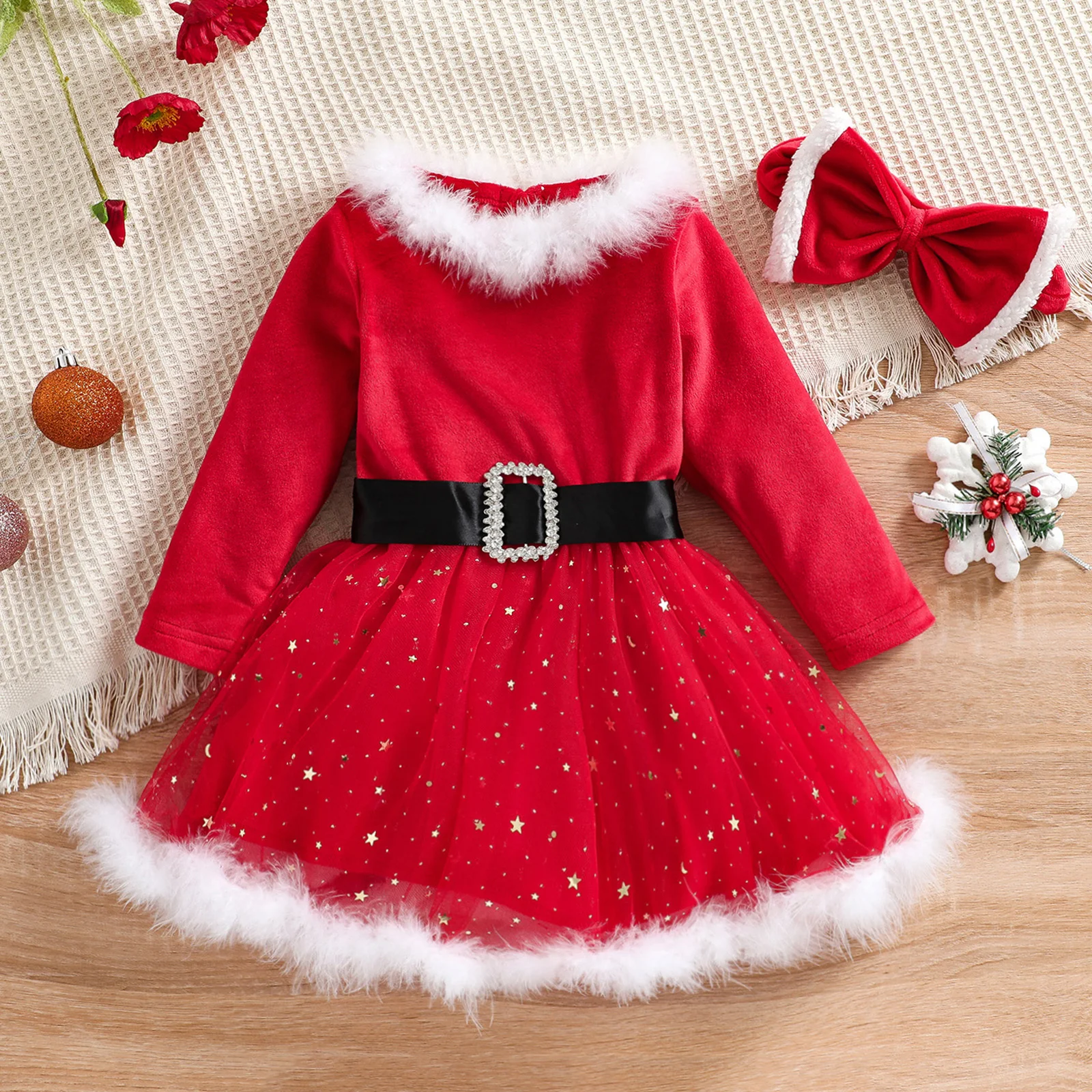 

Платье-трапеция с длинным рукавом для маленькой девочки, красное бархатное платье с сетчатой прострочкой, с повязкой на голову, рождественс...