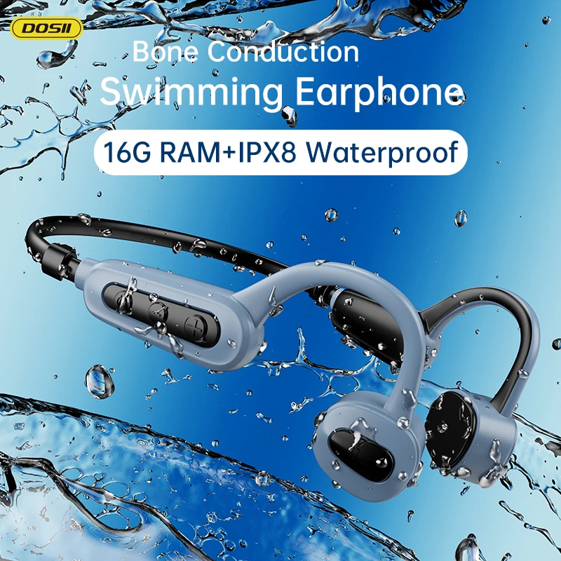 DOSII IPX8 Waterproof Headphones Swimming Earphones Wireless Bone Conduction Headsets 16GB MP3 Player With Mic for smartphones