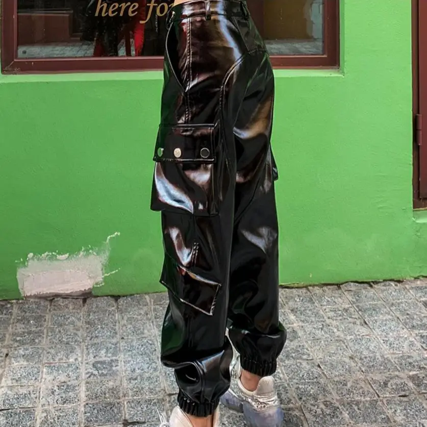 Fashion brand bright glossy PU leather cargo pants female street punk style hip bag full length pu leather trousers F930