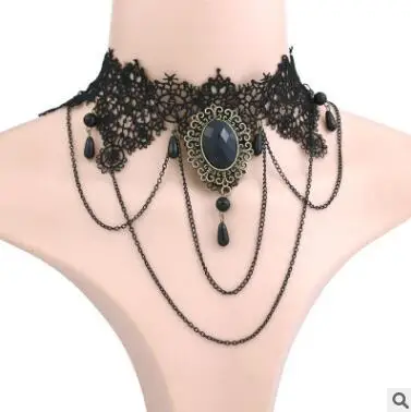 Новые Collares сексуальные Чокеры в готическом стиле кристально черное кружевное ожерелье, колье винтажное викторианское женское чокер стимпанк ювелирные изделия