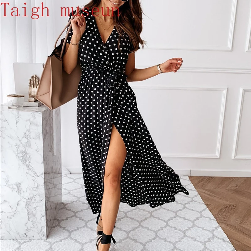 

Women Dresses Summer 2021 Fashion Polka Dot Split Boho Dress Women Clothing Casual Beach Vacation Long Dressesdo