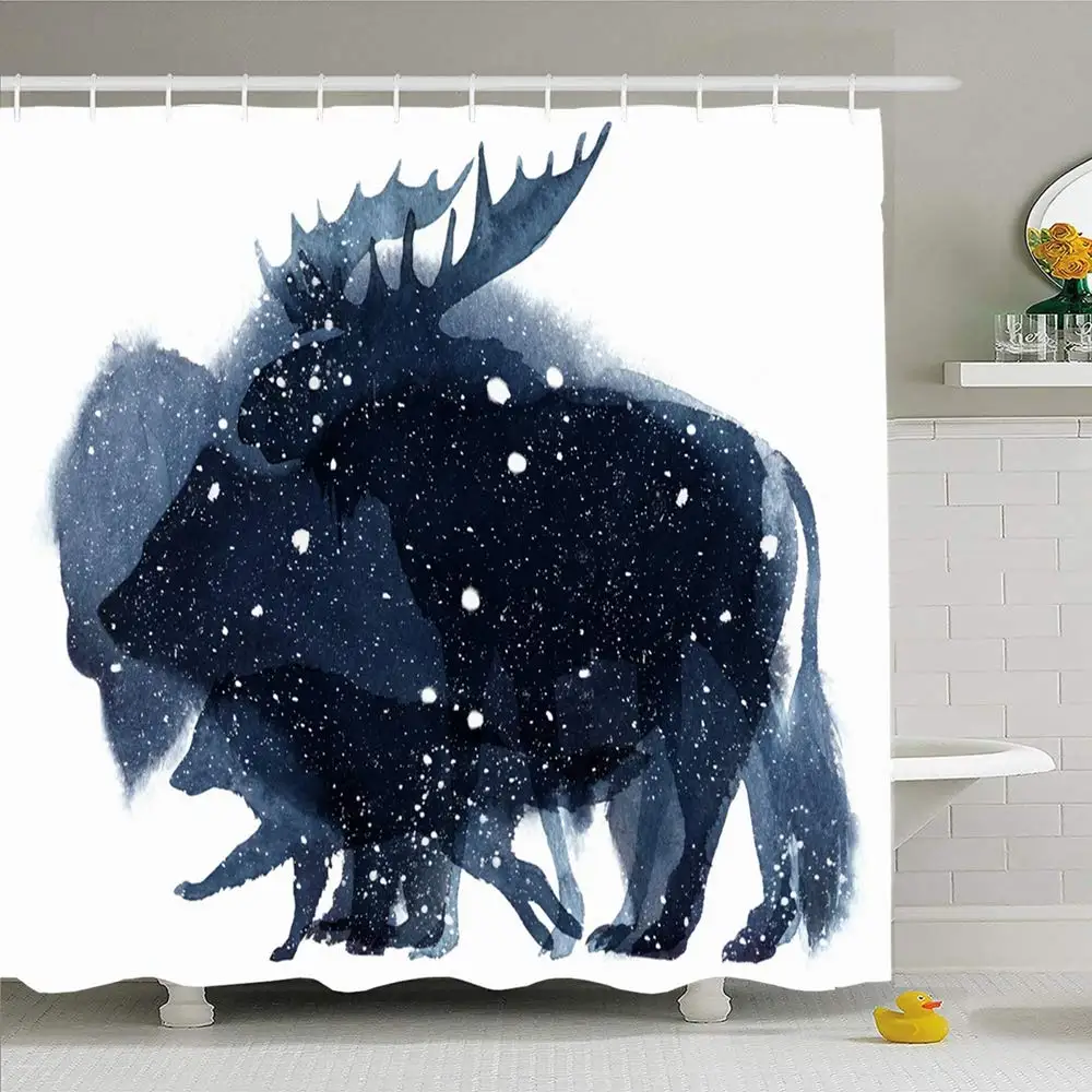 Набор занавесок для душа с крючками американский акварельный медведь бизон