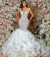 luxury wedding dresses mermaid ruffle train lace appliques crystal beaded diamonds 2022 new design bride gowns custom made jy55