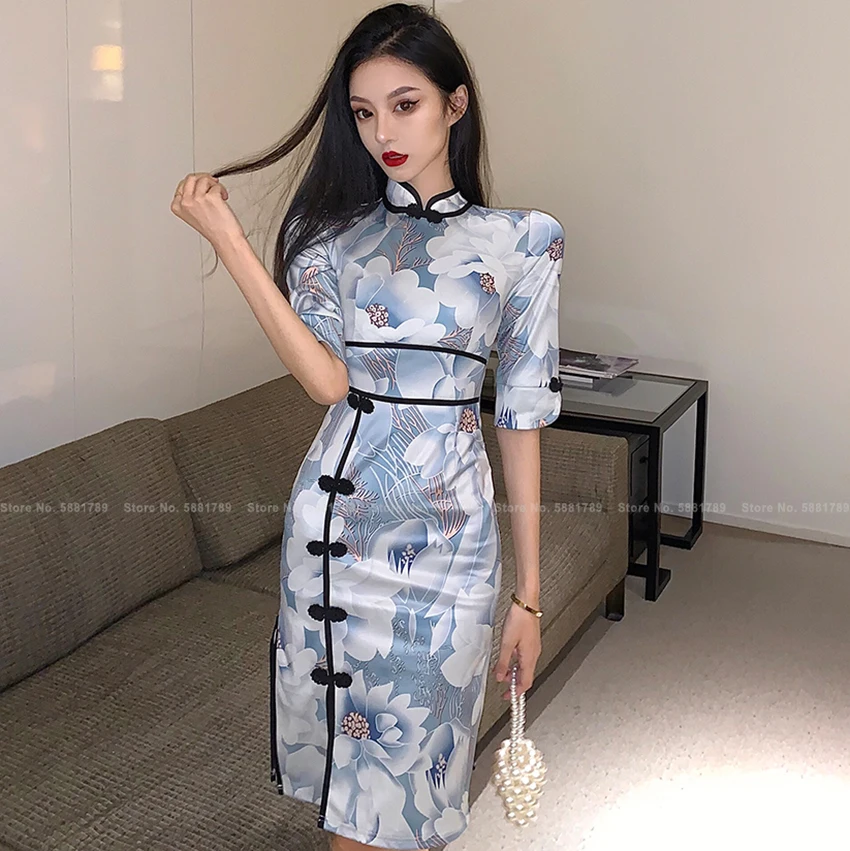

Women Sexy Retro Slim Cheongsam Split Blue Dresses Chinese Style Print Qipao Lady Party Evening Dress Bodycon Vintage Vestidos