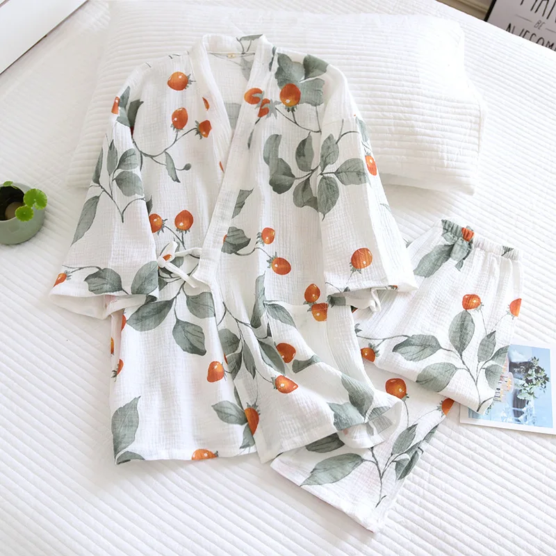 

Summer/Autumn Japanese Kimono Pajama Set Ladies Cotton Pajamas for Women Two-piece Three-quarter Sleeve Trousers Loose Homewear