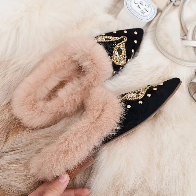 Женские Кристальные заклепки из натуральной замши с кроличьим мехом стразы
