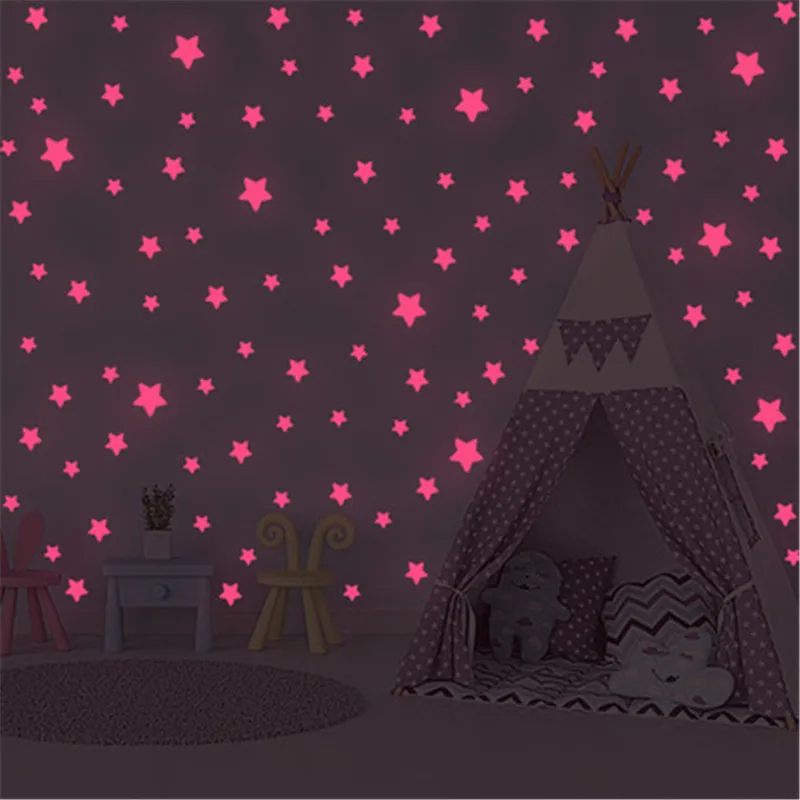 100pcs Glow In The Dark Stars Wall Sticker For Kids Room Ceiling Decor Pink Luminous Fluorescent Decal estrellas luminosas | Дом и сад