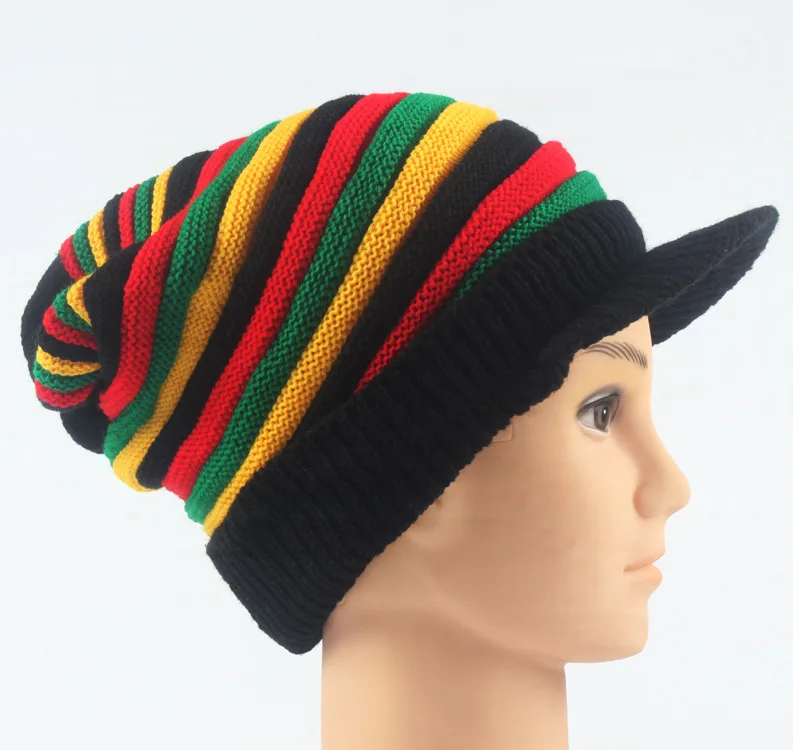 Зимняя Мужская и Женская Полосатая красная желтая зеленая Bob Marley Reggae модная новая шерстяная Радужная вязаная шапка ямайская облегающая шапка
