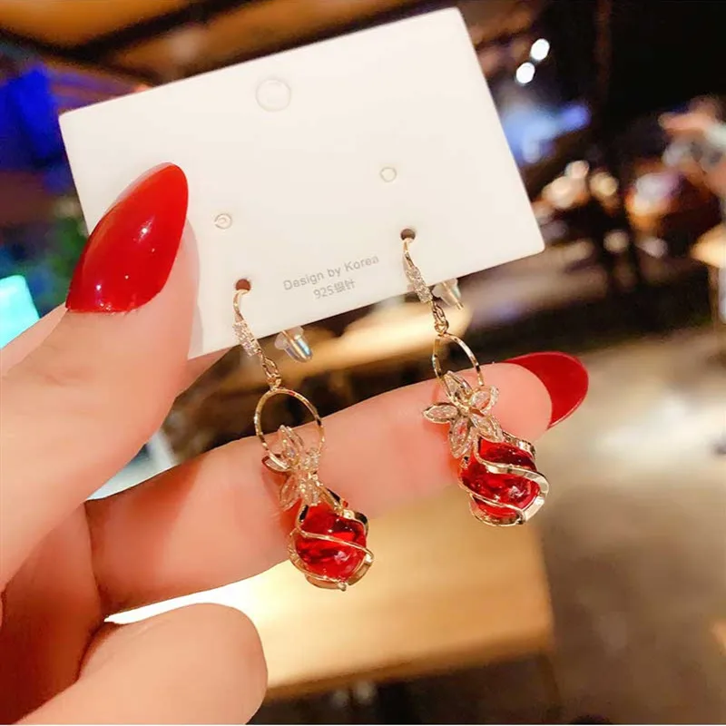 

2021 Trend New Red Opal Earrings Female S925 Bow Zircon Dangle Girl Fashion Five Petal Flower Unusual Earring Wedding Jewelry