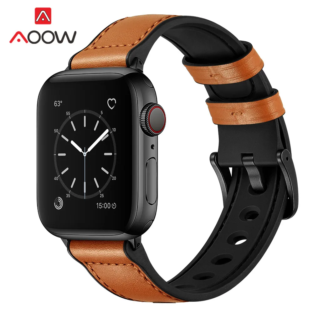 

Ремешок из силикона и натуральной кожи для Apple Watch 3, 4, 5, 38 мм, 42 мм, 40 мм, 44 мм, мужской резиновый спортивный сменный ремешок для iwatch 1, 2