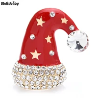 wulibaby lovely christmas cap brooches for women unisex enamel rhinestone star cap brooch pin gifts