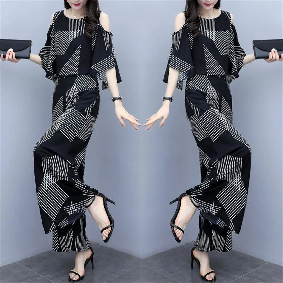 Женский полосатый костюм из двух предметов летние широкие брюки корейский