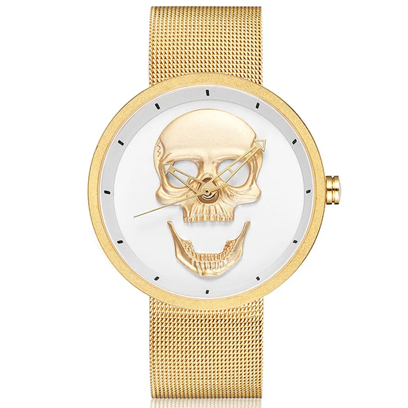 gold white skull Женские часы с черепом Мужские кварцевые наручные часы из нержавеющей стали для пары Женские Reloj гравированные Мужские Женские часы Relogio Masculino Мексика - Цвет: gold white skull