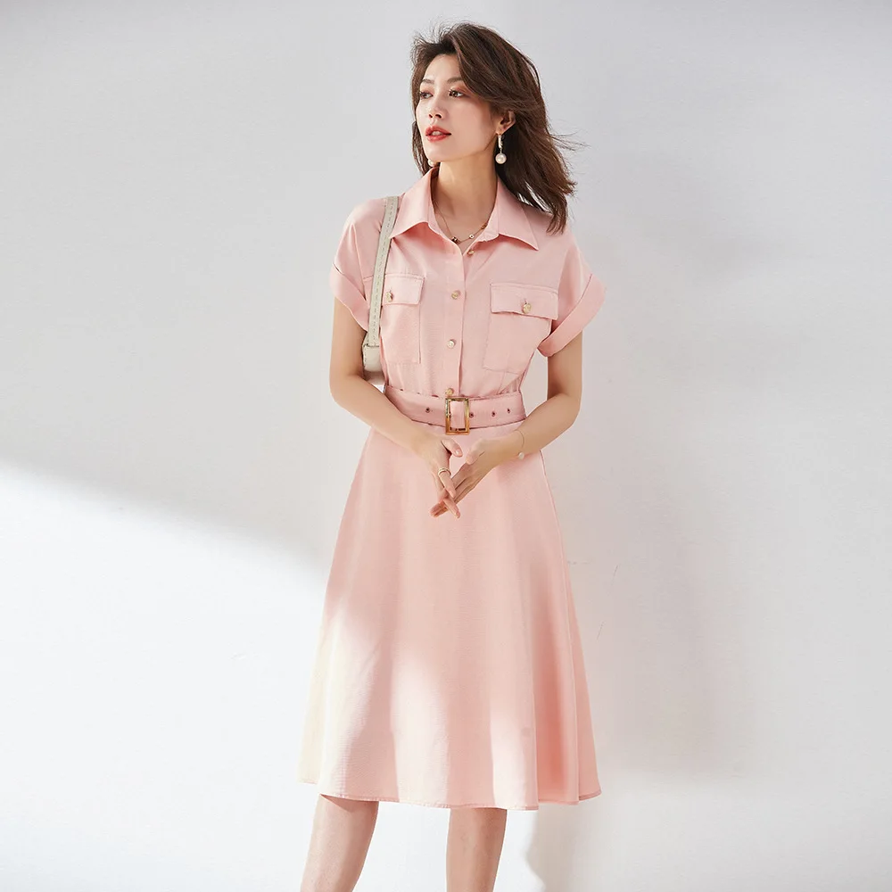 

21 Xiaxin temperament commuting lace up waist work sleeve big pocket big swing shirt dress 11077
