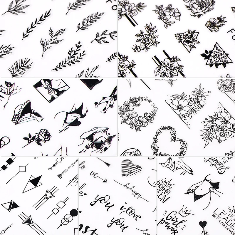 Черные белые 3D наклейки для ногтей геометрические Самоклеящиеся Переводные