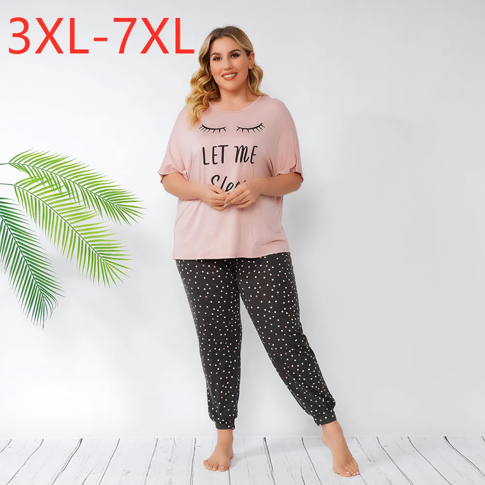 

New 2021 Summer Plus Size Pajamas For Women Large Short Sleeve Loose Pink T-Shirt And Pants Home Wear Suits 3XL 4XL 5XL 6XL 7XL