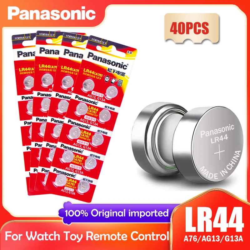 

40PCS Panasonic LR44 LR 44 A76 AG13 1.5V Button Cell G13A LR44 LR1154 SR1154 357A SR44 SR44SW SR44W GP76 Toy Watch Clock Battery