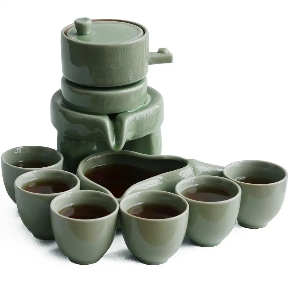 

Chinese Gongfu Tea Gift Set Service Automatic Handmade Stone-Mill Design porcelain Tea Pot 6 Cups Home Office Decor