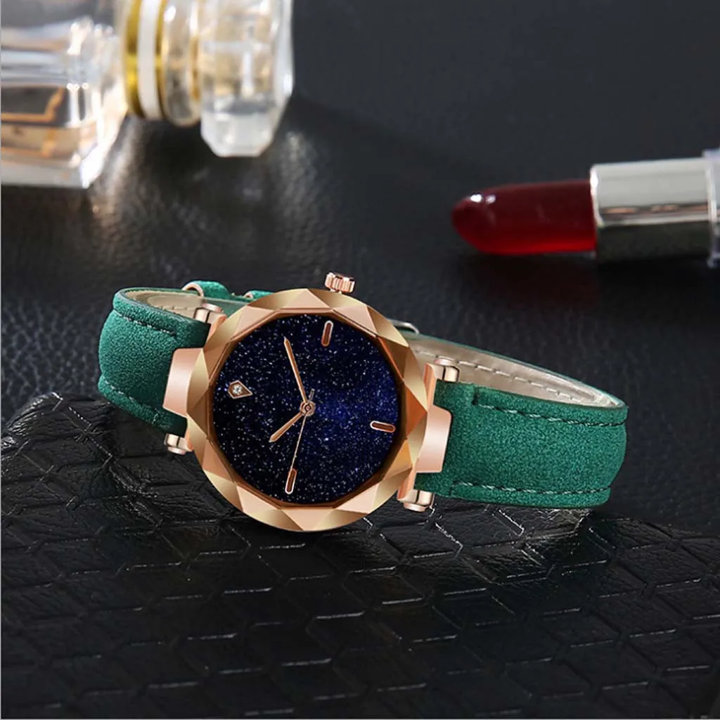 

Womens Watch Simple And Stylish Luxurious Starry Dial Convex Mirror Leather Strap Watch New Watch Women 2020 Latest Designer