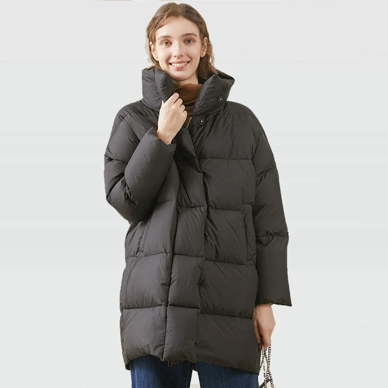 2021 Fashion Women's Solid Color Mid Length Thick Winter Down Jacket Female's Button Stand Up Collar Oversized Chic Bread Coat