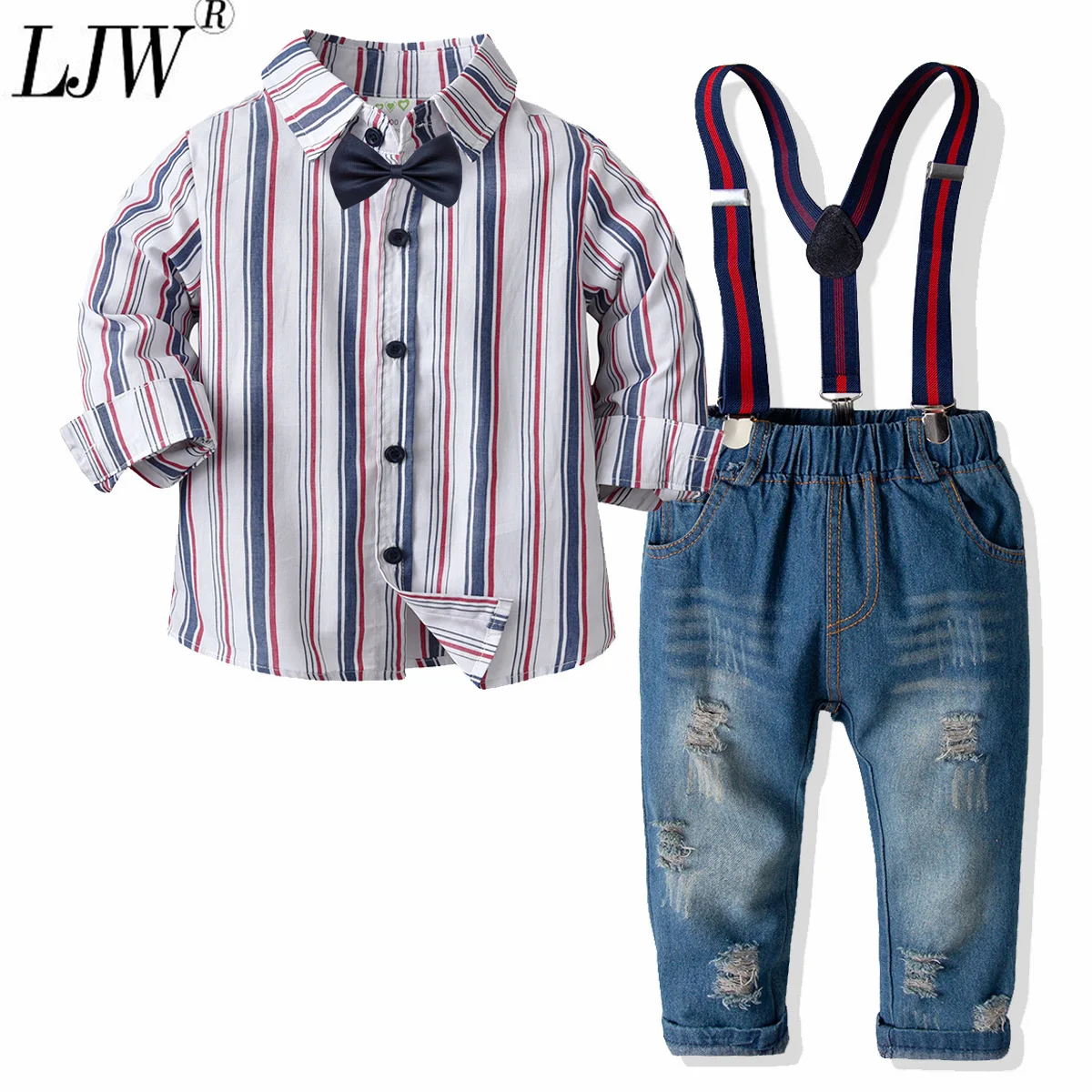 

2021 toddler baby boy autumn and winter boys' Plaid long sleeved cardigan strap jeans children's little gentleman 4-piece set