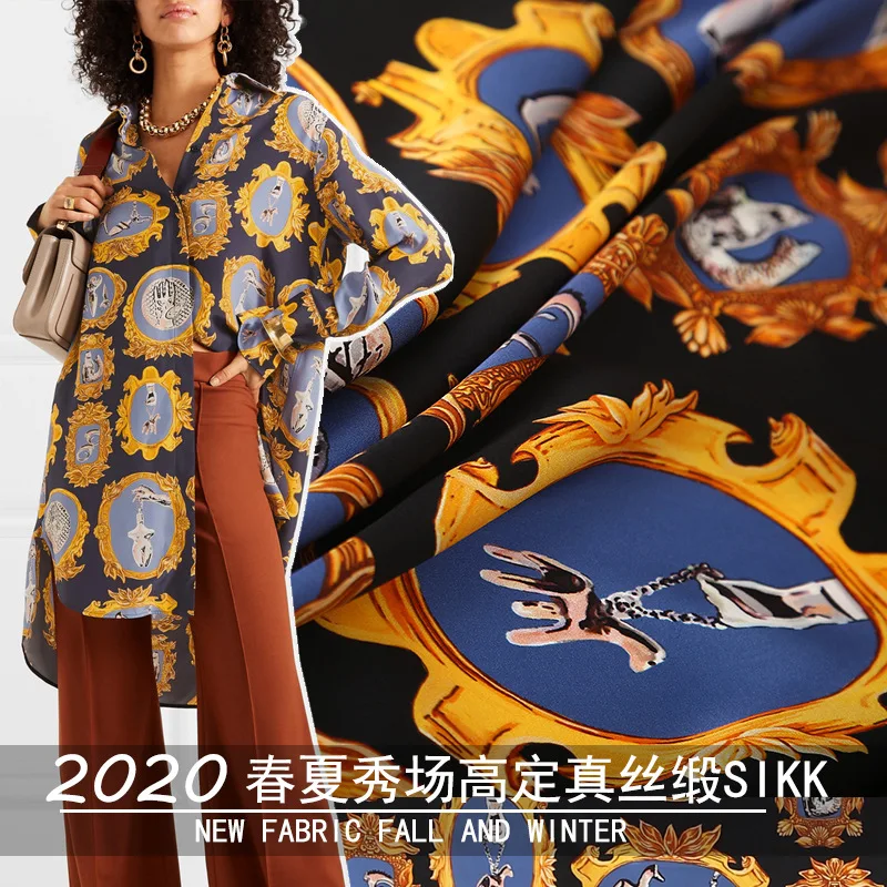 

2020 preheating simulation silk satin printing fabric show high-end custom digital printing retro bronze mirror fabric for dress
