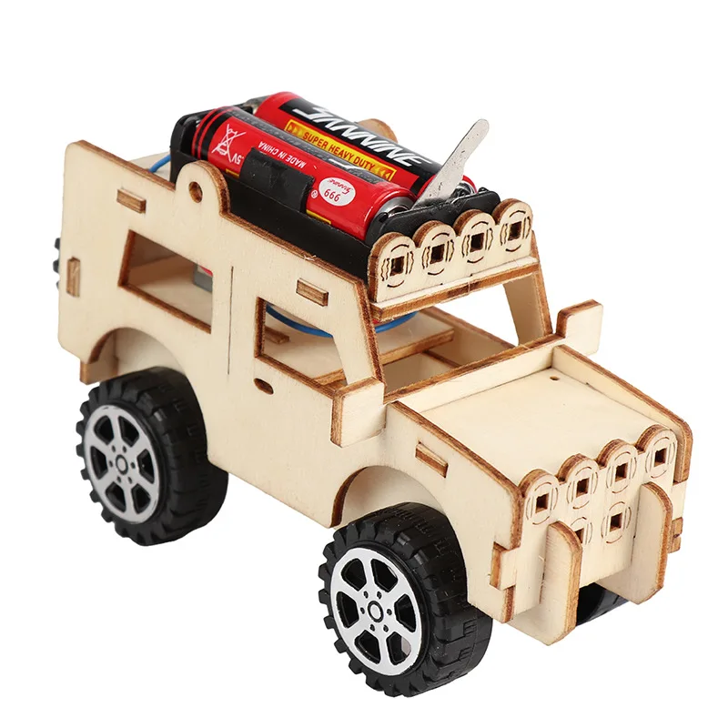 1Pcs Creative Science Gizmo Wooden Assembling Blocks Toys DIY Electric Jeep Technology Model Brain Game Toy For Kids Gift