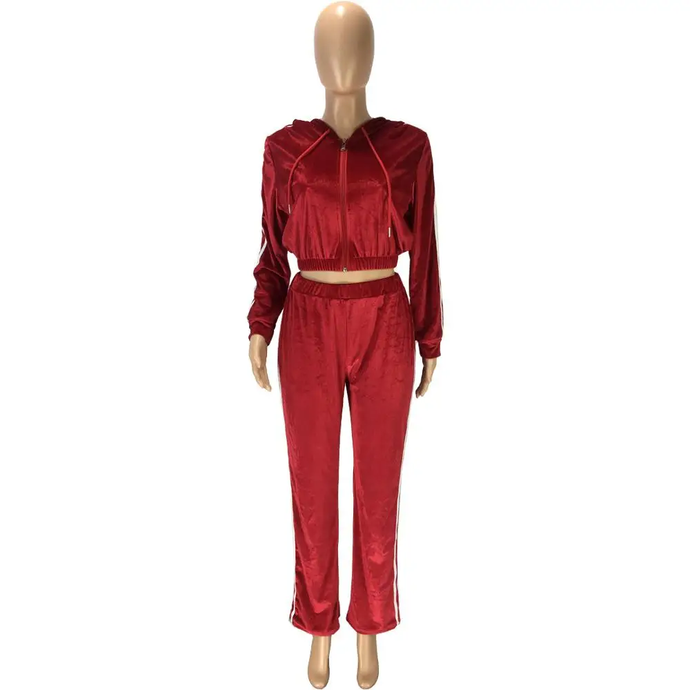 

Striped Velour Tracksuit Women Jogging Femme Acrivewear Fitness Long Sleeve Hooded Crop Top Wide Leg Pants Velvet Two Piece Set