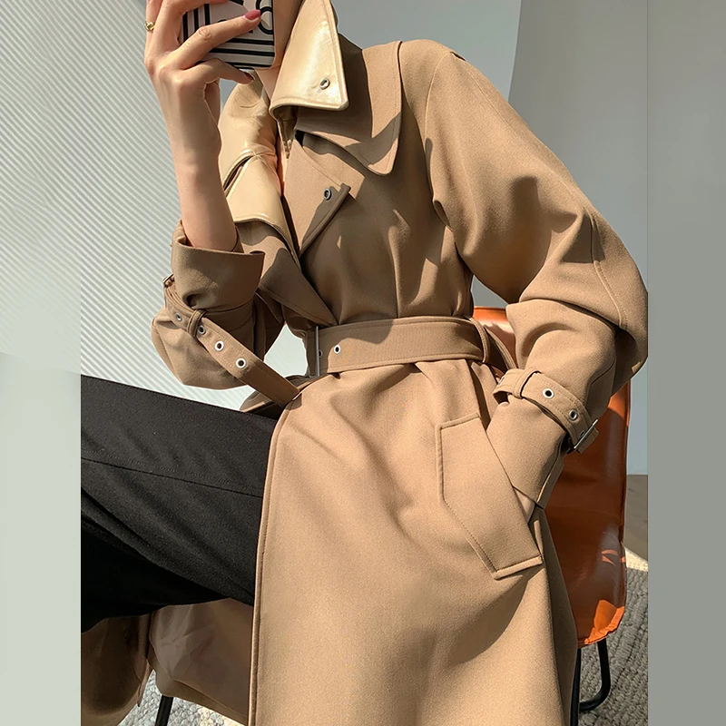 

[EAM] Women Khaki Casual Long Big Size Trench New Lapel Long Sleeve Loose Fit Windbreaker Fashion Spring Autumn 2021 1DD7022