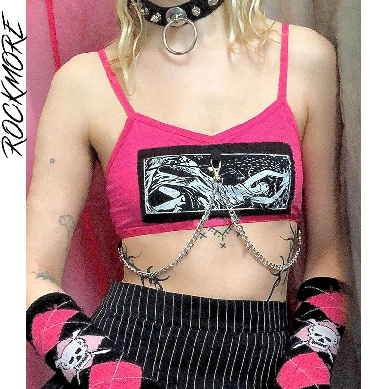 

Rockmore Gothic Chain Print Crop Tops Women Kawaii Cute Tank Top Backless Corset Bustiers Clubwear Party Camis Sexy Clothes 2022