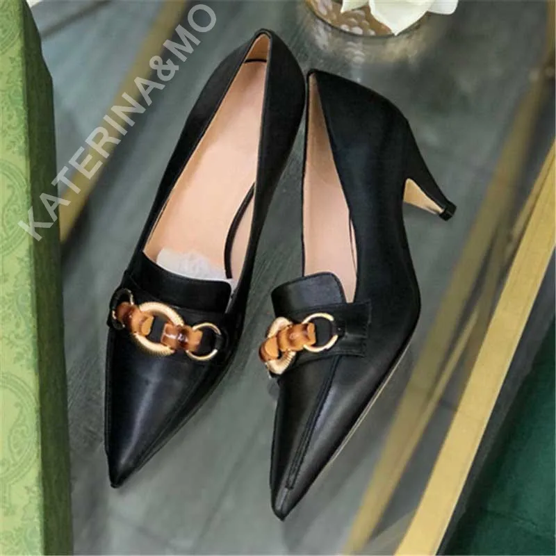 

Brand Women High Heel Pumps Pointed Toe Sandals Metal Decor Slip On Female Shoes Buckle Strap Loafers Size 35-40 Genuine Leather