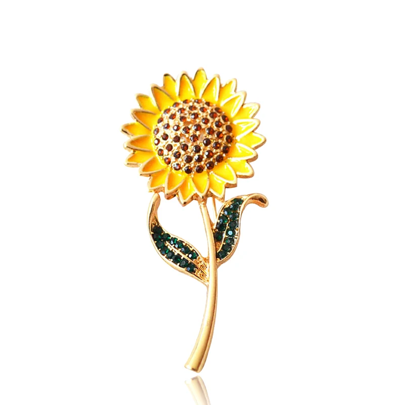 Модная женская брошь с желтыми подсолнухами на шпильке зелеными растениями