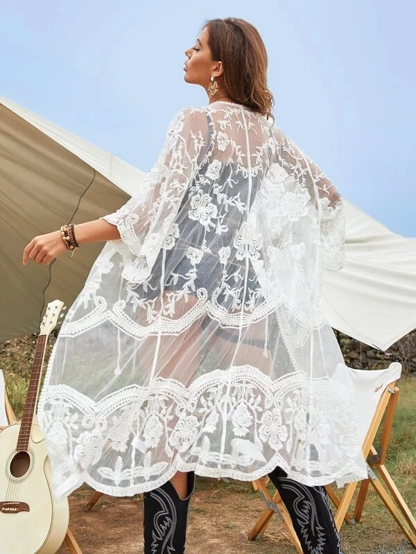 

Beach Mesh Embroideries Sun Prevention Long Spring Autumn Summer Vintage Clothes For Women T-Shirt Tops Blouses Vetement Nice