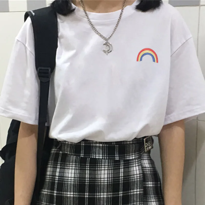 Женская футболка с радужной вышивкой свободный винтажный топ круглым вырезом и