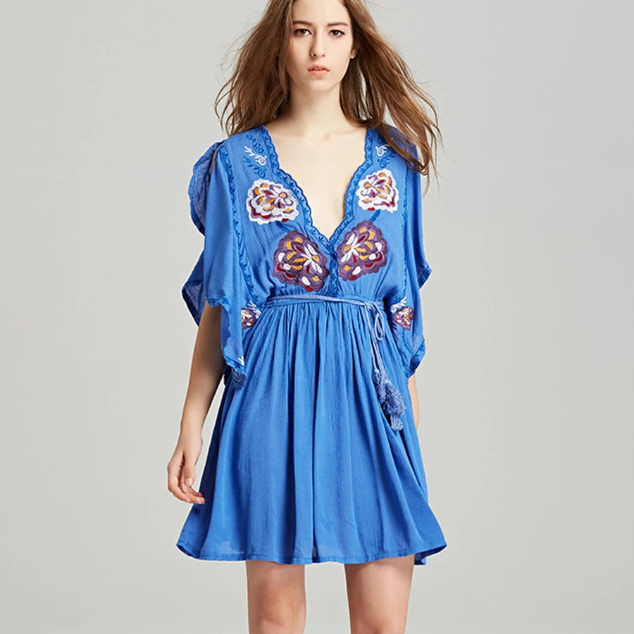 Женское пляжное платье с цветочной вышивкой глубоким V образным вырезом|boho dress|beach