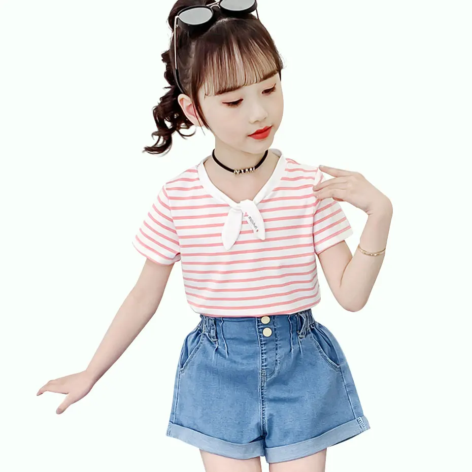 Детские летние футболки полосатая футболка для девочек с буквенным вырезом