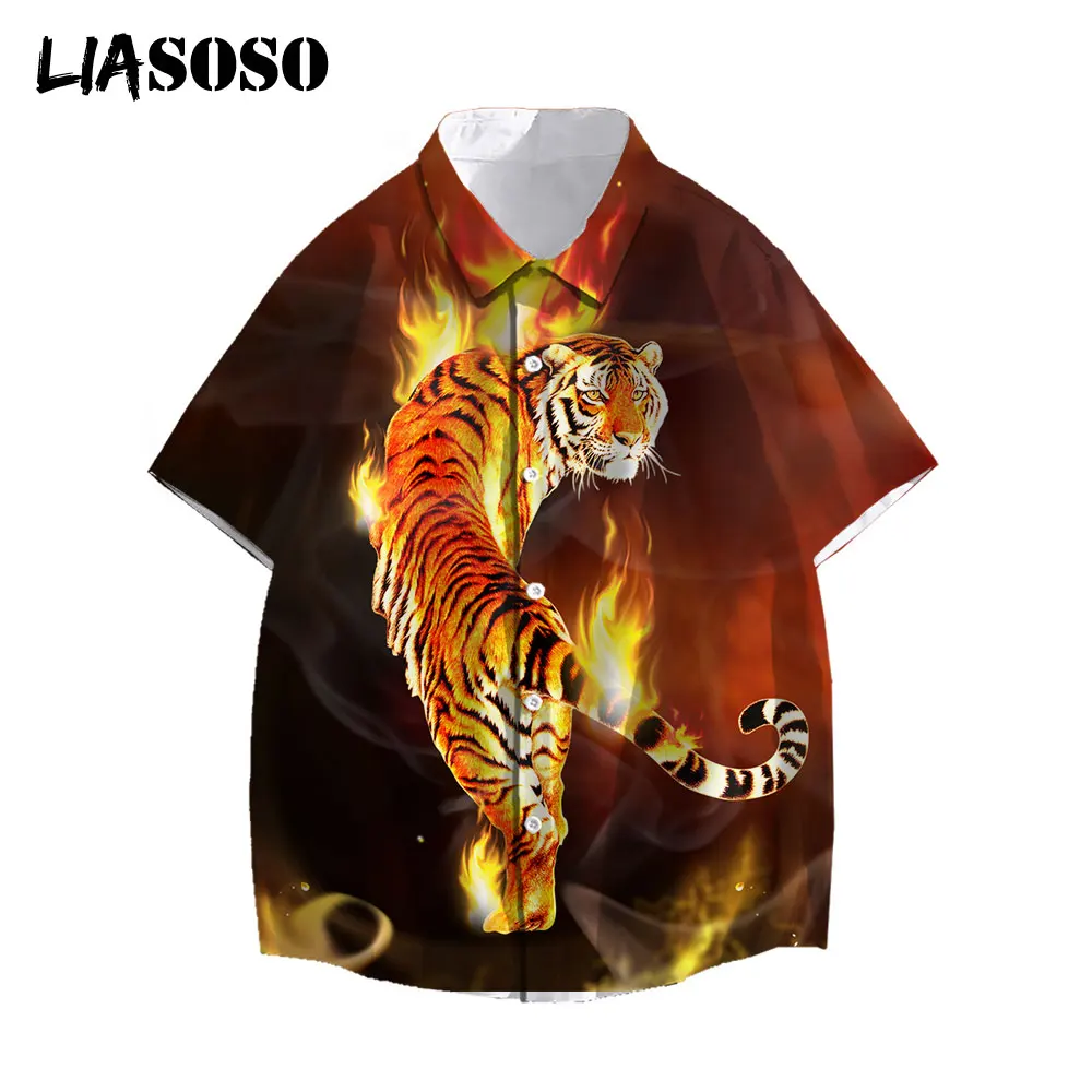 

LIASOSO New Arrival Men's Shirts Women Men Hawaiian Camicias Casual Wild Shirts Art Flame 3D Printed Short-Sleeve Tops