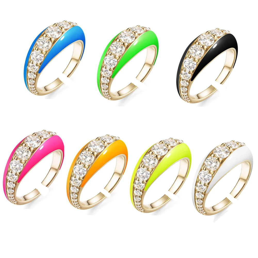 2021 New Colorful Rainbow Jewelry Open Adjusted Women Finger Gold Color CZ Neon Enamel Dome Ring | Украшения и аксессуары