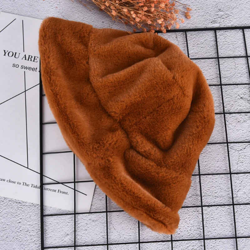 

Faux Fur Winter Bucket Hat For Women Girl Fashion Solid Thickened Soft Warm Fishing Cap Outdoor Vacation Hat Cap Lady Panama