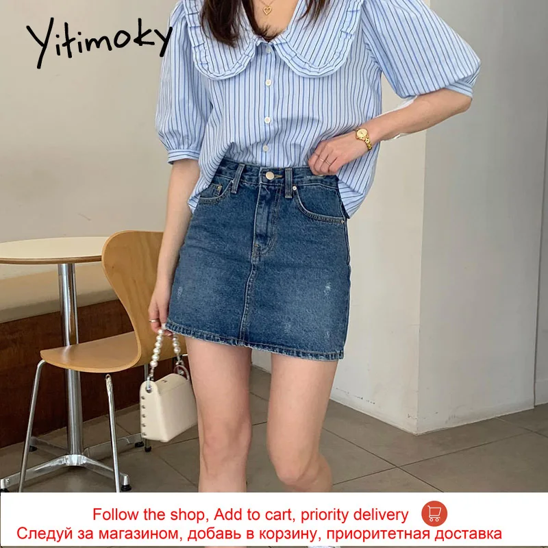 

Yitimoky Vintage Women Shirts Peter Pan Collar 2021 Summer Fashion Korean New Puff Sleeve Striped Single Breasted Short Tops