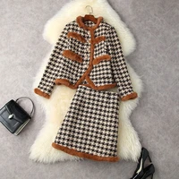 vintage houndstooth clothing set 2021 winter womens fox hair patchwork slimming single breasted jacket high waist skirt suit
