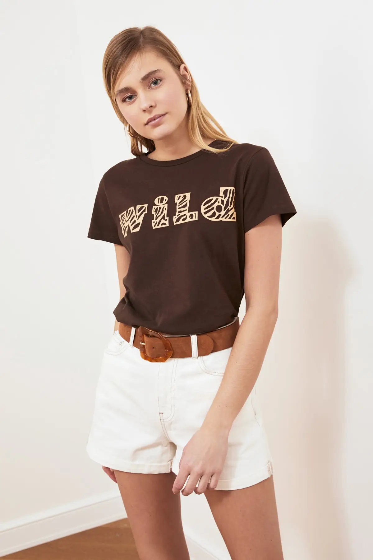 Коричневая Базовая Трикотажная футболка с принтом TWOSS19GH0013 | Женская одежда