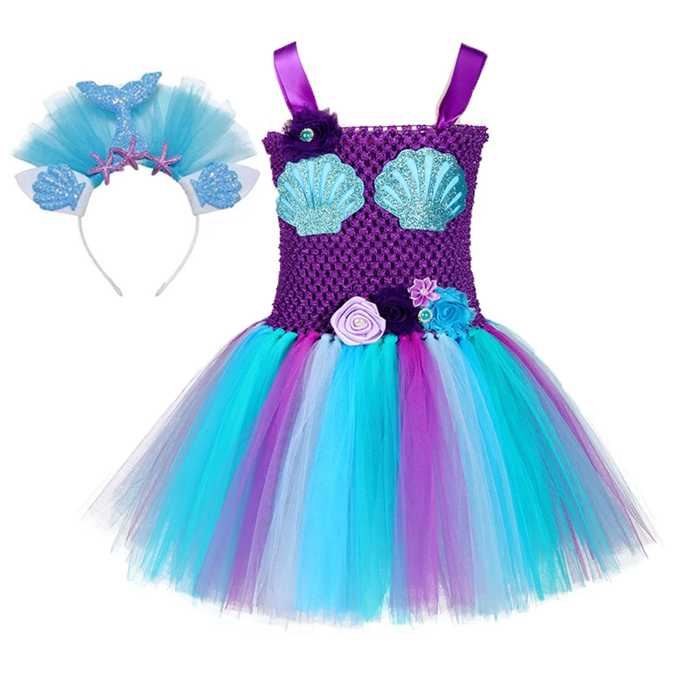 Платье пачка принцессы русалки для девочек фиолетовый морской синий цветы