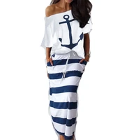 fanbety women sexy off shoulder two piece sets dress boat anchor print shirts striped dress sets lady casual ankle length dress