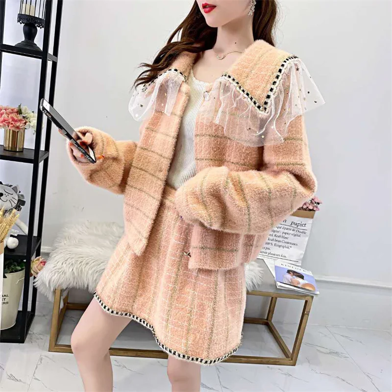 

Женский комплект из 2 предметов, новое осенне-зимнее пальто из искусственной норки с длинным рукавом и юбка, комплект из шерстяной клетчатой...