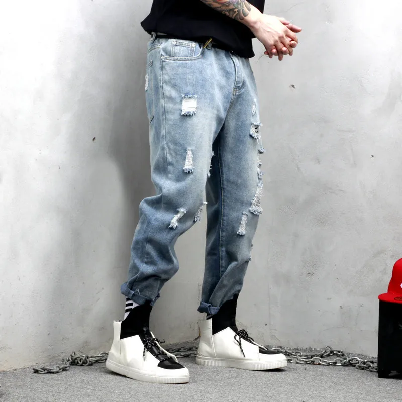 Hole jeans men 2019 spring tide brand Japanese large size male hairy light blue straight nine pants more M-5XL | Мужская одежда